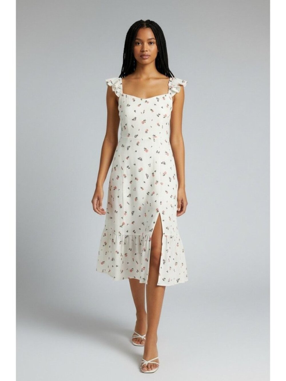 And Now This Women's Ruffled Side Front Slit Midi Dress, White Cherry Ditsy, S